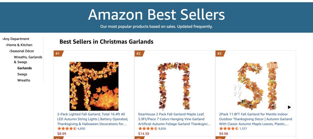 Amazon Christmas Garlands Best Sellers 由秋季商品主导